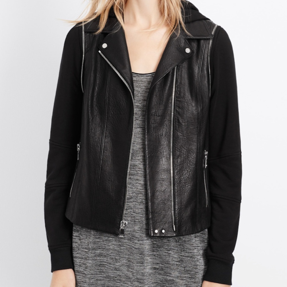 Black Mixed Media Leather Moto Jacket - VINCE.